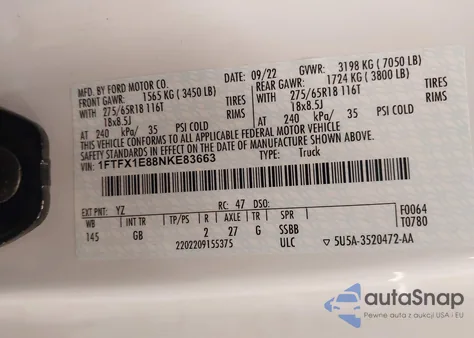 2022 Ford F-150 Xl из США, поврежденный, VIN 1FTFX1E88NKE83663